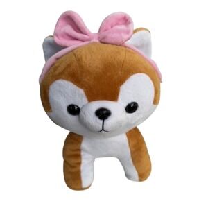 Cute Plush Pomeranian Dog Puppy Stuffed Animal Pink Bow Headband Kawaii Toy 15"